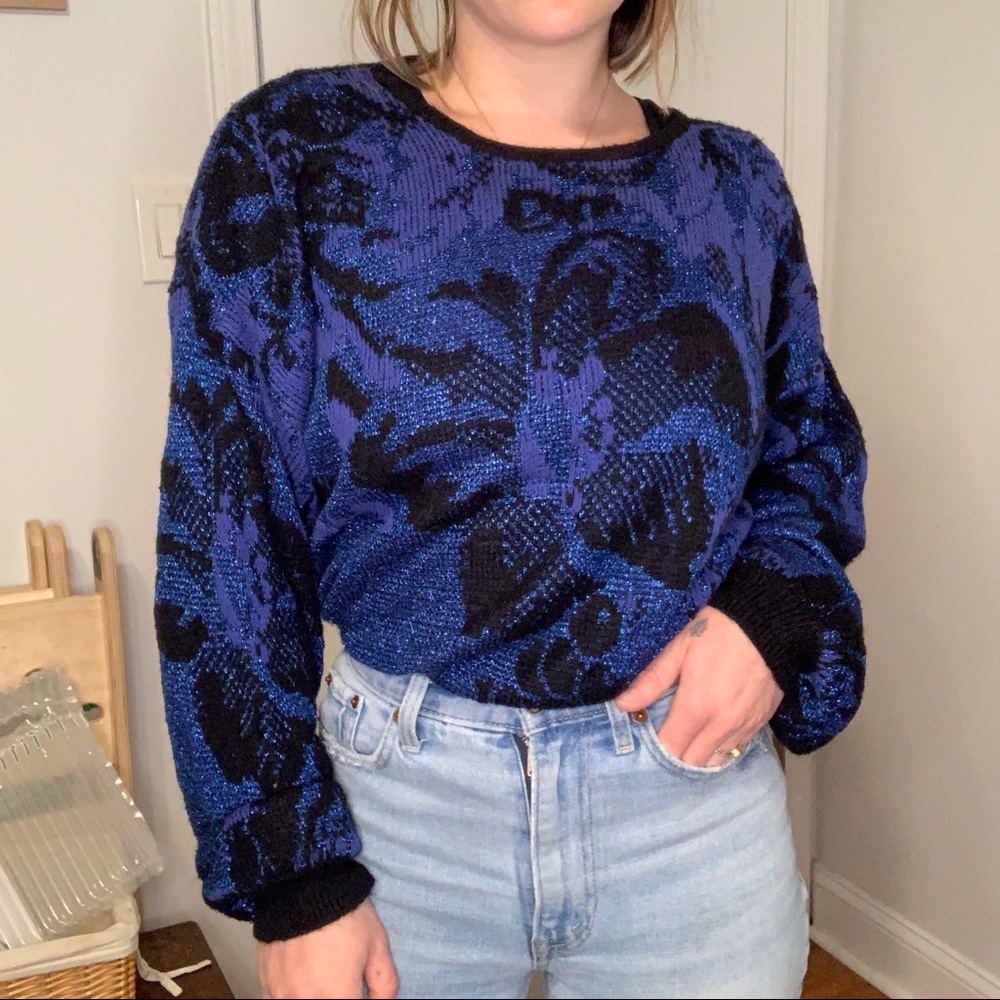 Sparkly blue floral 80s vintage sweater
